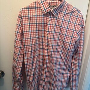 Express Orange and Blue Casual Button Down Shirt